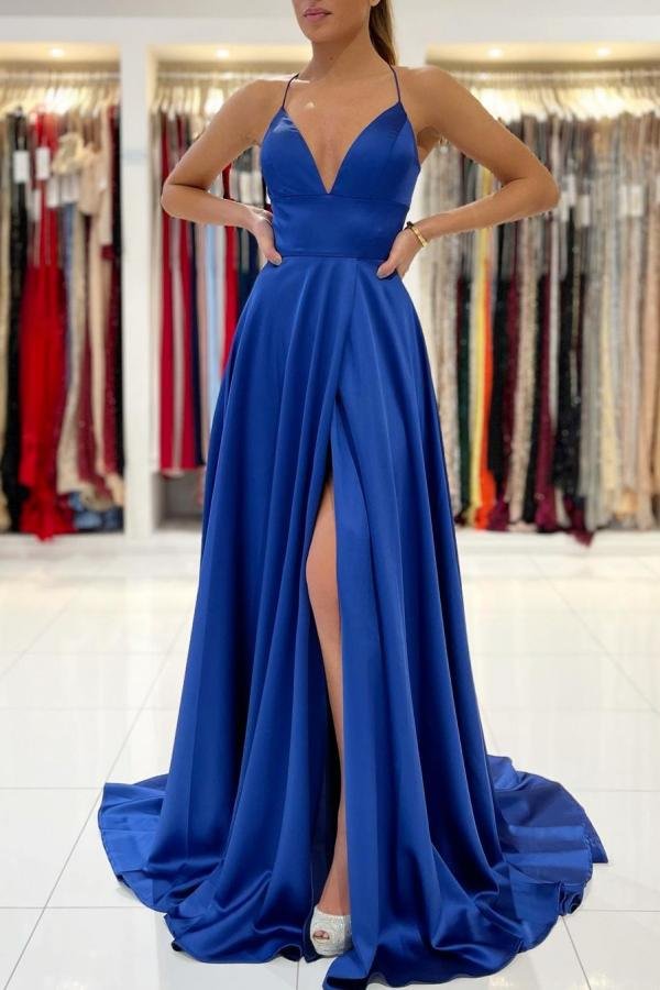 Stunning Royal Blue Modern V-Neck Prom Dress Front Split | Ballbellas Ballbellas