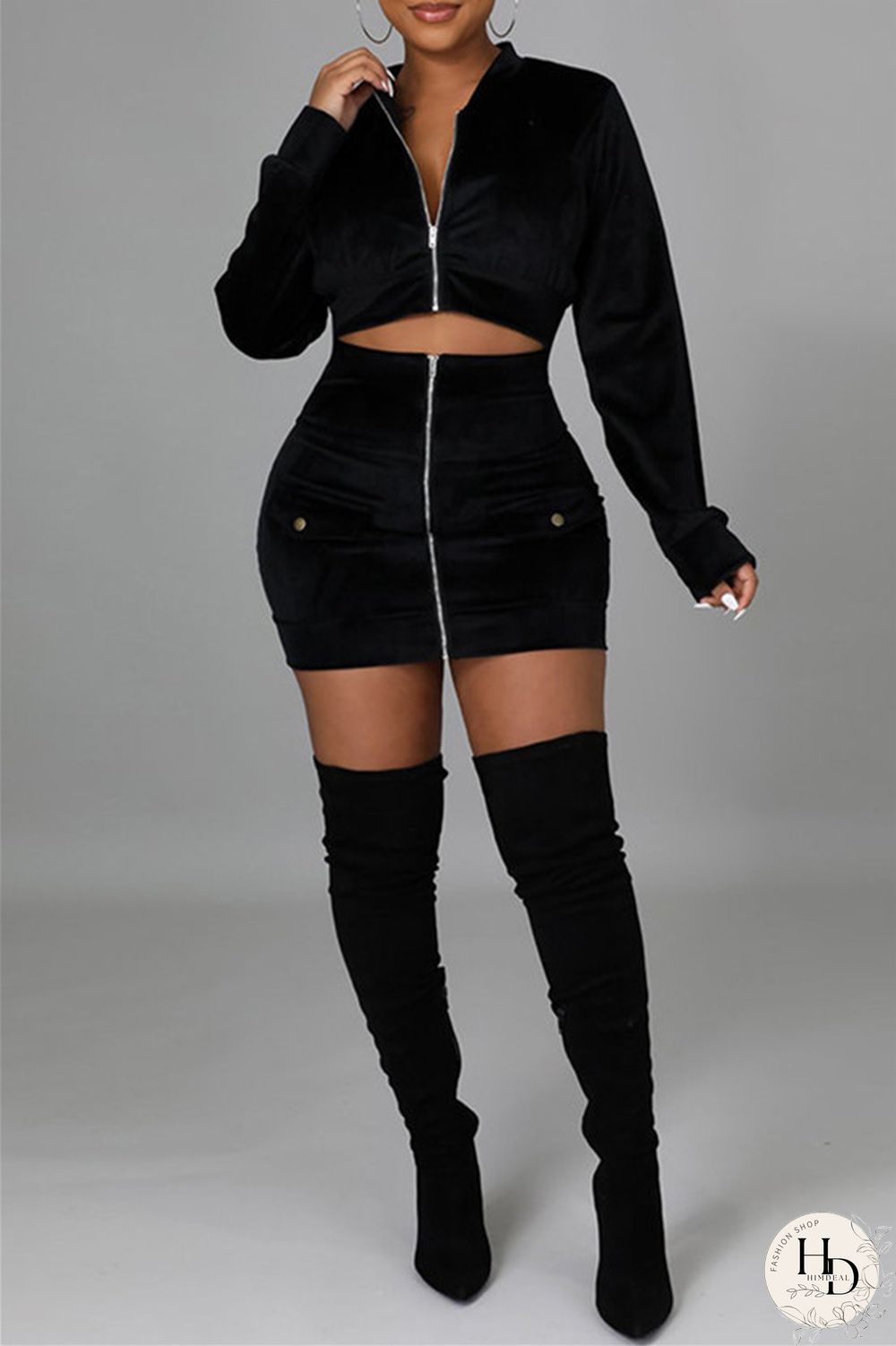 Black Fashion Sexy Solid Split Joint Zipper Collar Long Sleeve Two Pieces