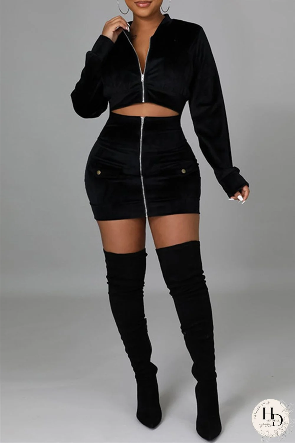 Black Fashion Sexy Solid Split Joint Zipper Collar Long Sleeve Two Pieces