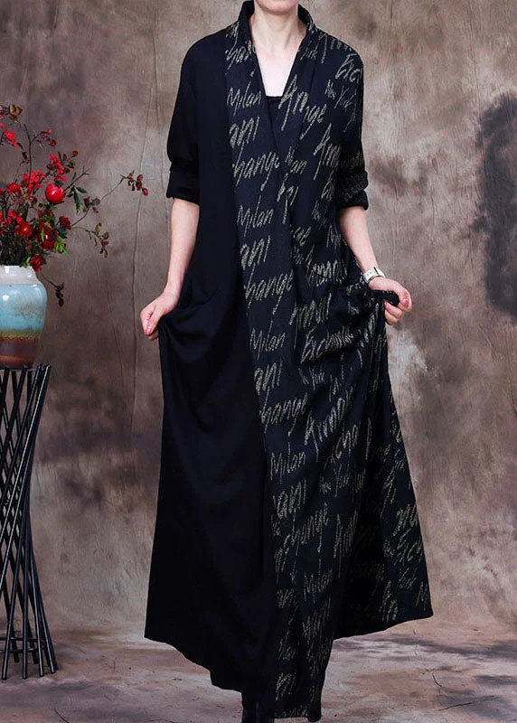 Simple Black Asymmetrical Print Cashmere Dress Winter