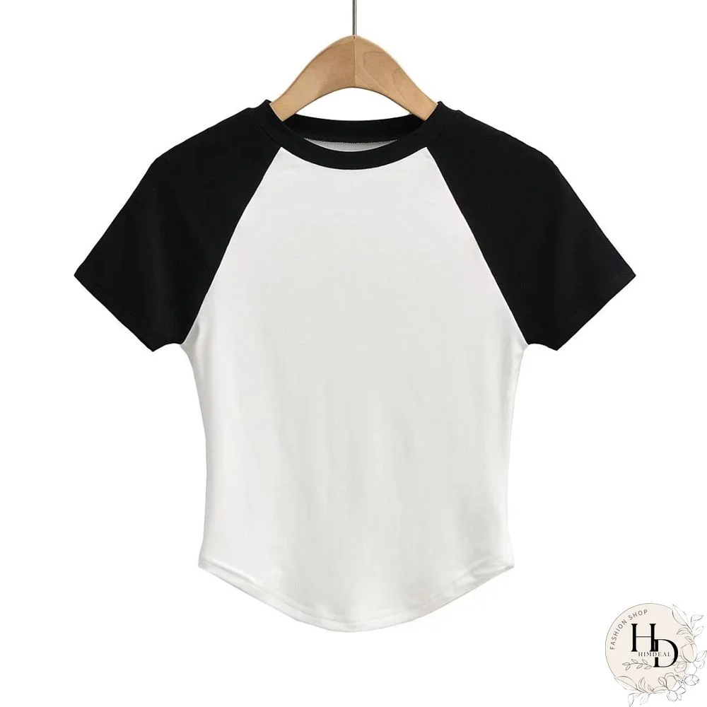 Curved Hem Contrast Color Sleeve Stitching Bottoming T Shirt Trendy Women's Short-sleeved T-shirt Tops For Women