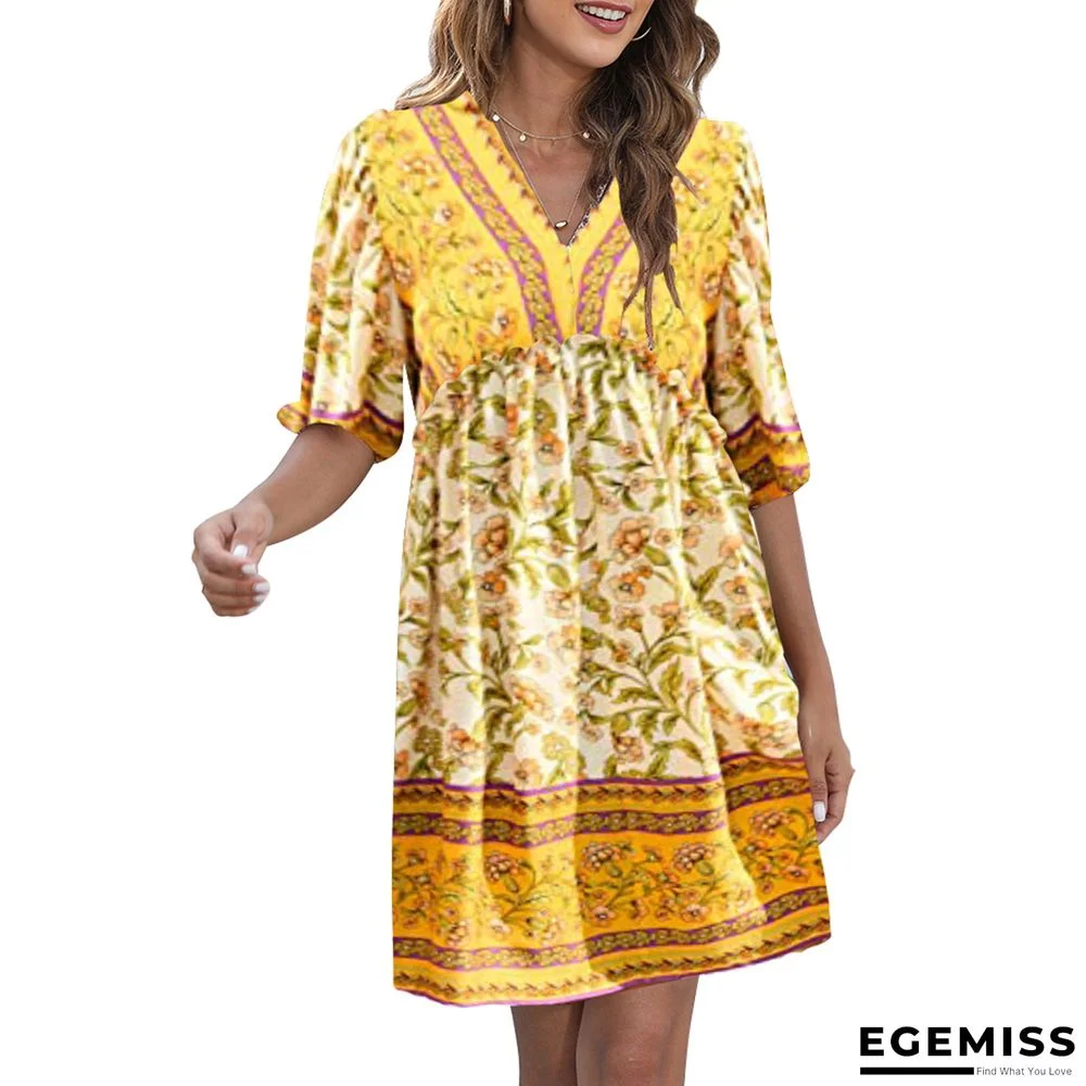 Bohemian Print V-neck Bubble Sleeve Big Swing National Style Dress Women's Wear | EGEMISS
