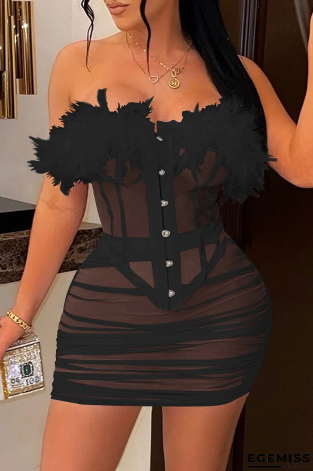 Black Fashion Sexy Patchwork See-through Feathers Backless Strapless Sleeveless Two Pieces | EGEMISS