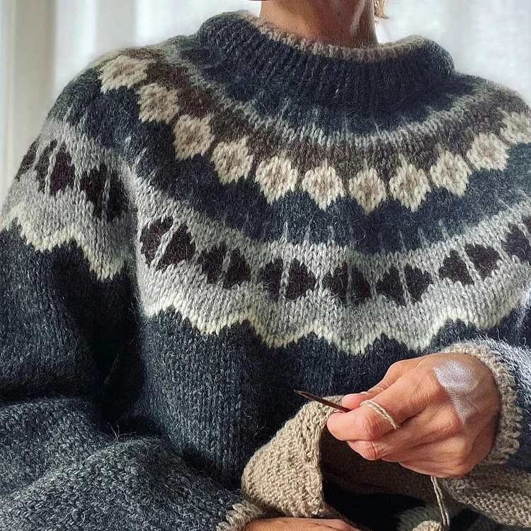 Comstylish Icelandic Pattern Geometric Contrast Jacquard Sweater