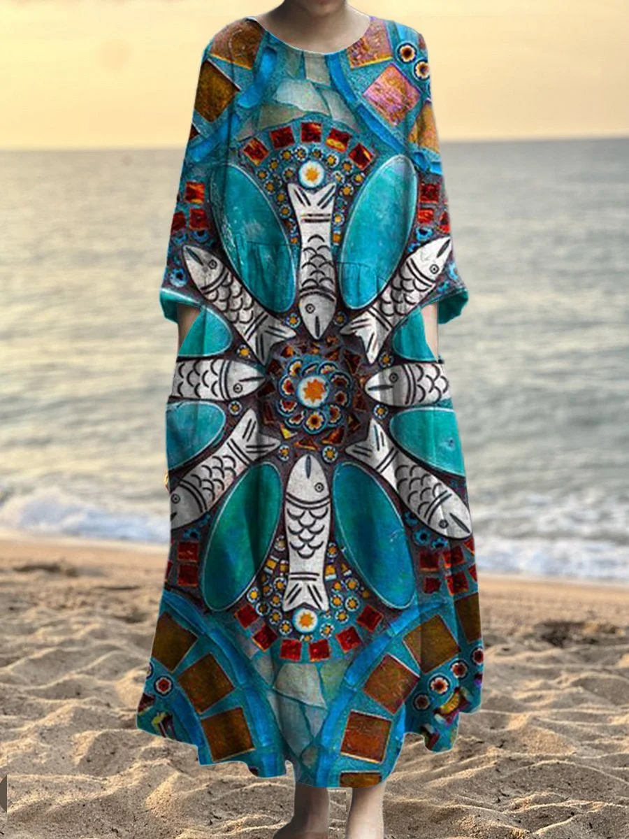 Women's Vintage Fish & Kaleidoscope Art Print Pocket Cotton Dress