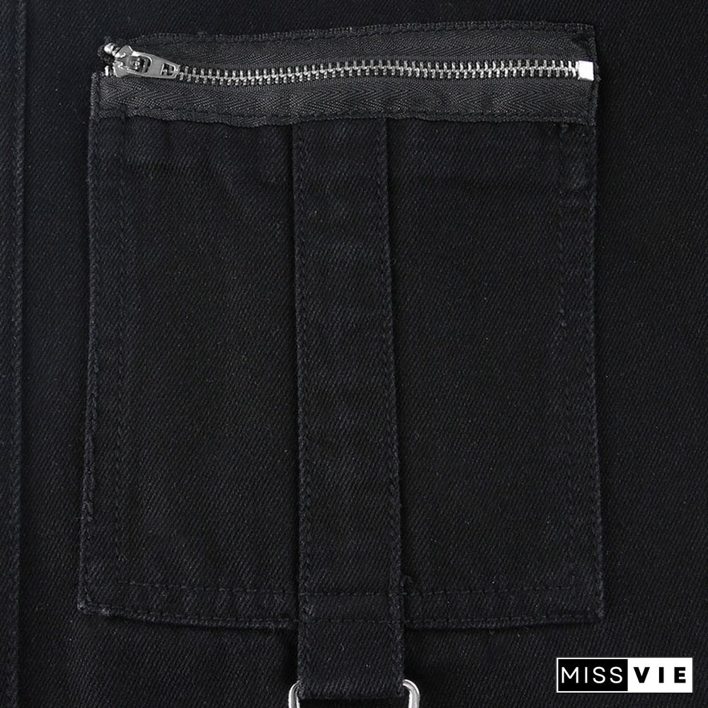 Star Print Ribbon Pocket Casual Denim Pants