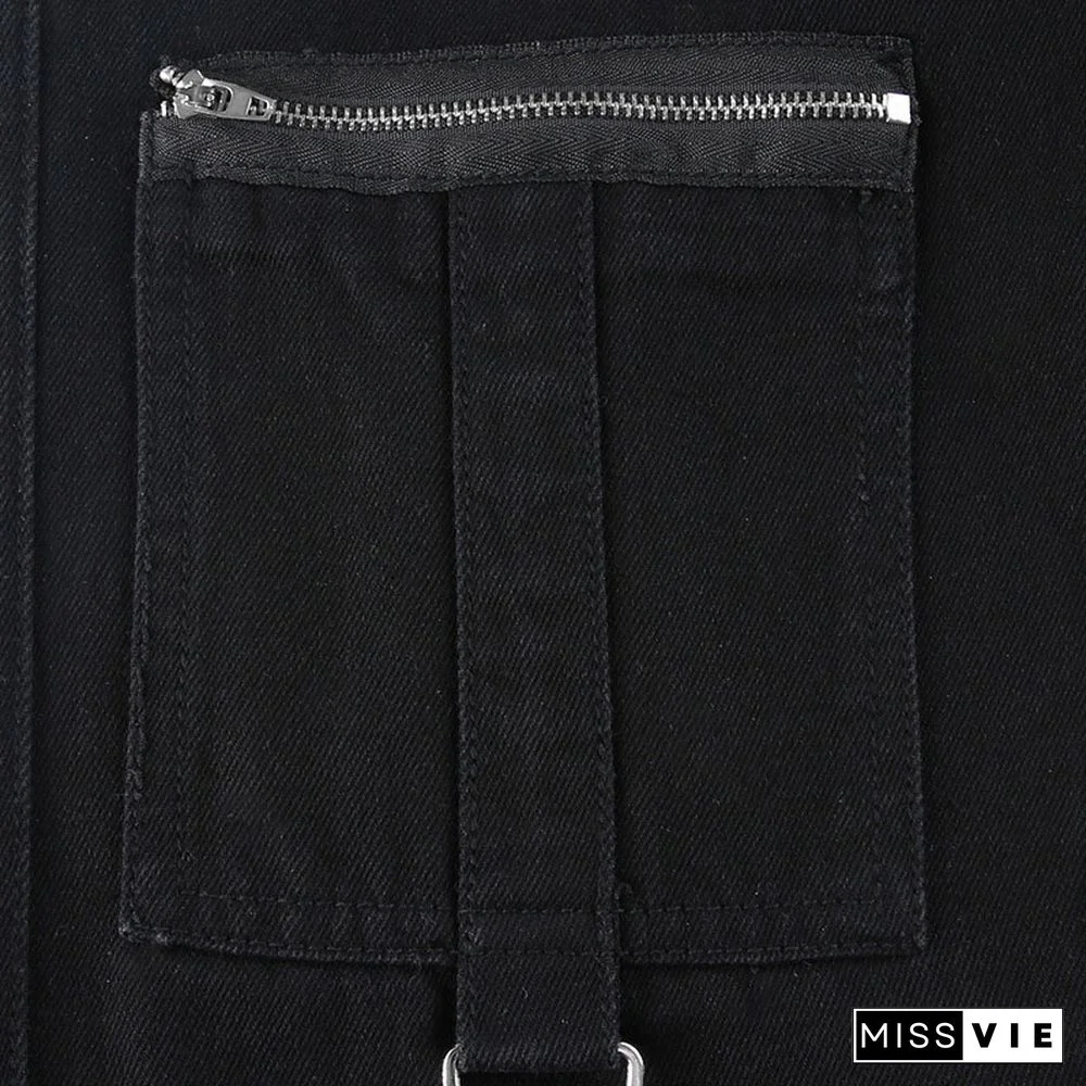 Star Print Ribbon Pocket Casual Denim Pants