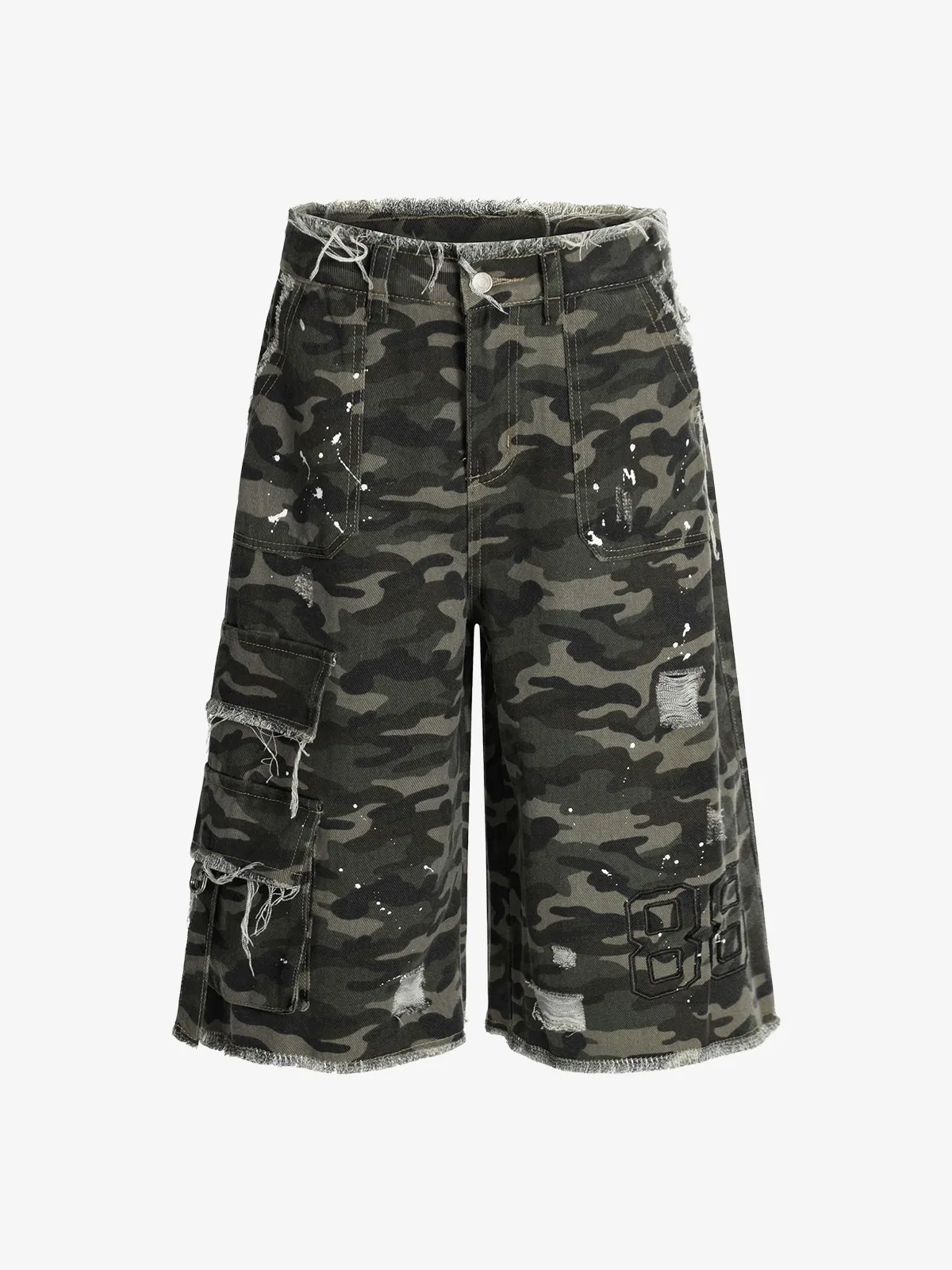Camouflage Act Chic Washed Raw Hem Camouflage Longline Jorts Front