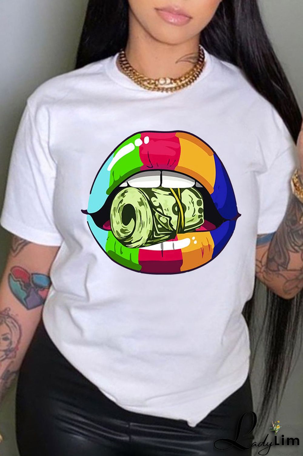 White Pink Casual Street Lips Printed Letter O Neck T-Shirts