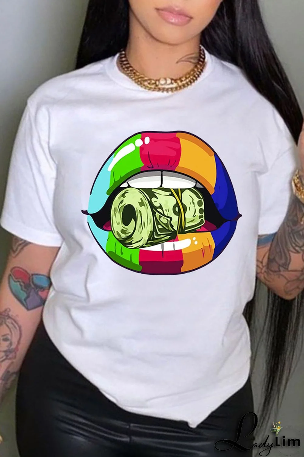 White Pink Casual Street Lips Printed Letter O Neck T-Shirts