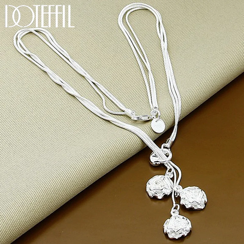 DOTEFFIL 925 Sterling Silver Three Snake Chain Rose Flower Pendant Necklace For Women Jewelry 