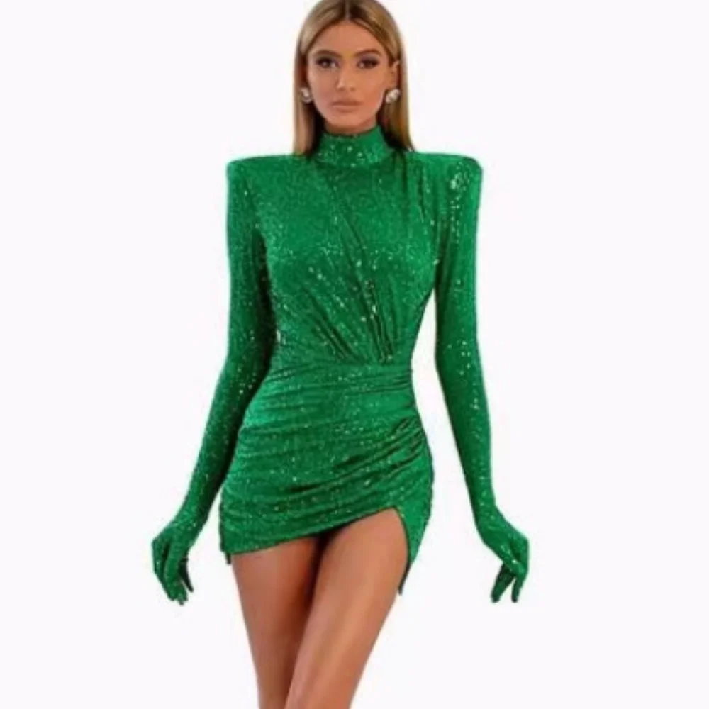 Zingj Hot Green Velvet Velvet Sleeve Small High-Neck Dress Fashion Party Show Dress