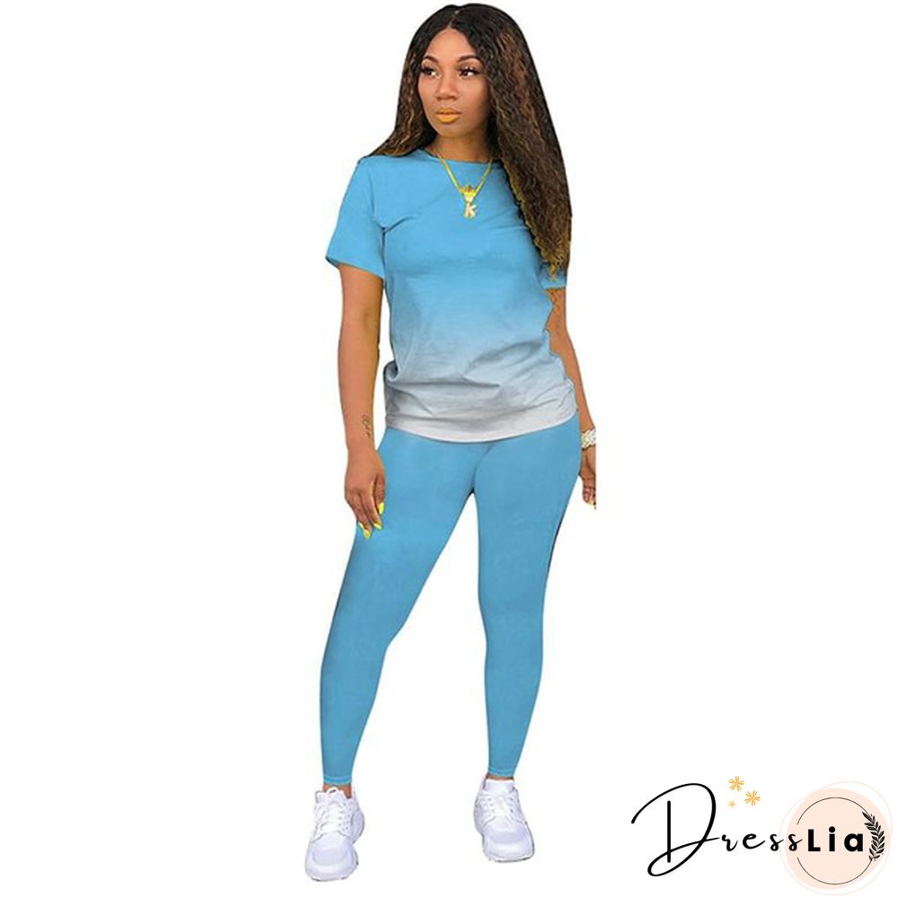 New Women's Fashion Gradient Short Sleeve Top and Pants Casual Sportswear Suit Two-piece Suit Plus Size