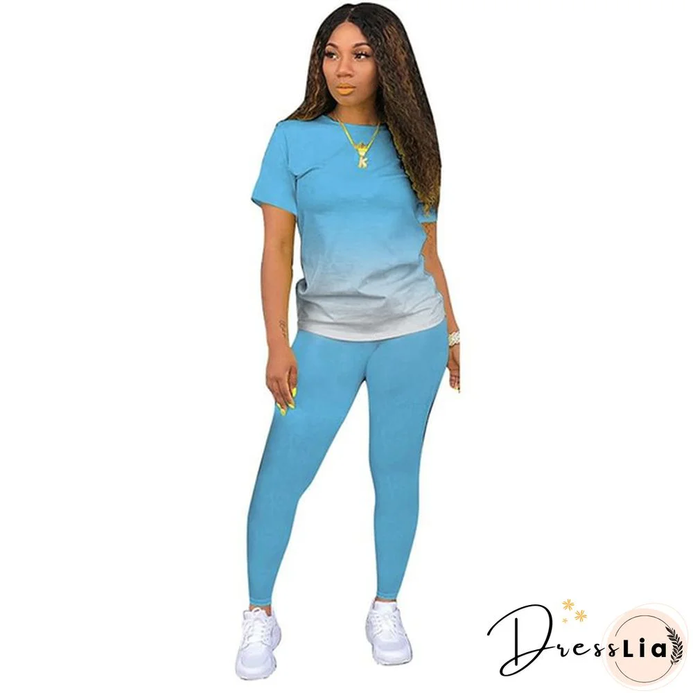 New Women's Fashion Gradient Short Sleeve Top and Pants Casual Sportswear Suit Two-piece Suit Plus Size