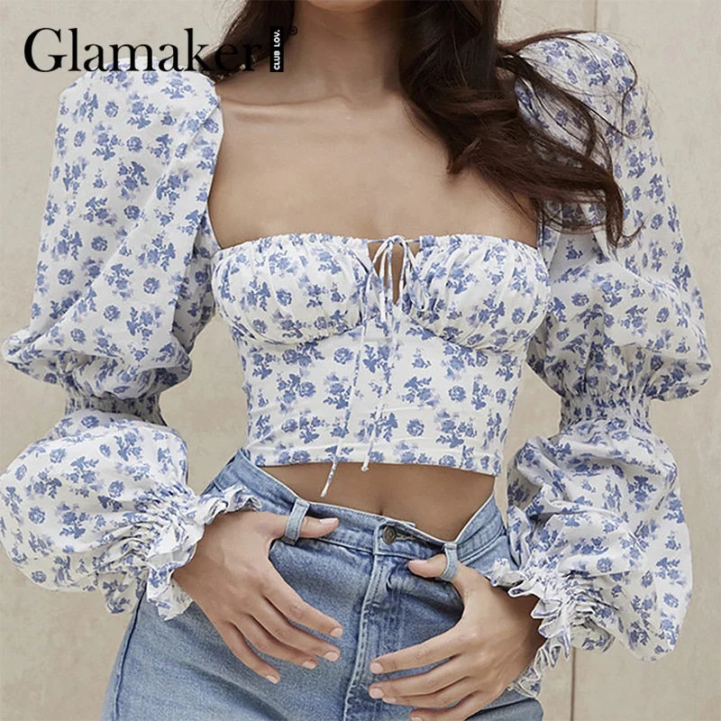 Glamaker Floral printed chiffon elegant blouse Office ladies sexy pleated slim blue summer square collar women 2021 ruffles tops