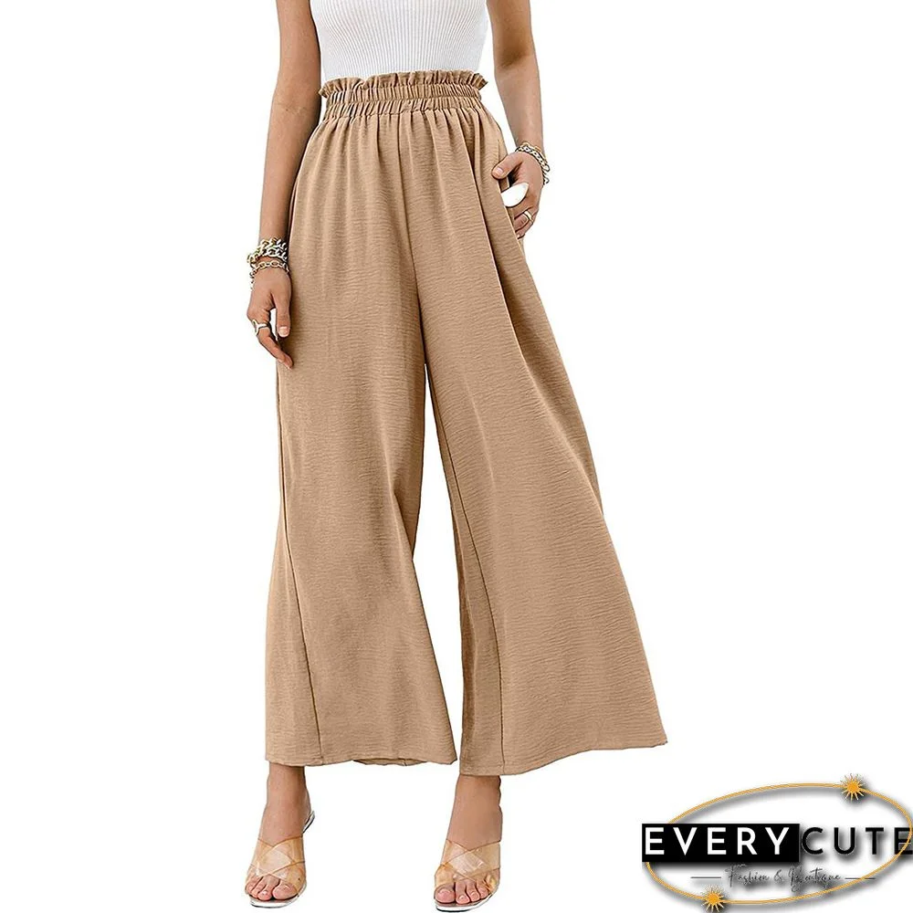 Khaki Solid High Waist Pocket Wide Leg Pants