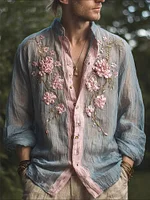 Men's Boho Pink Floral Fiber Art Contrast Flowy Linen Shirt
