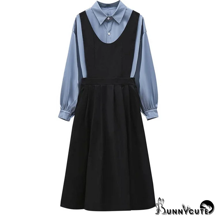 Pure Color Shirt A-Line Suspender Skirt Set