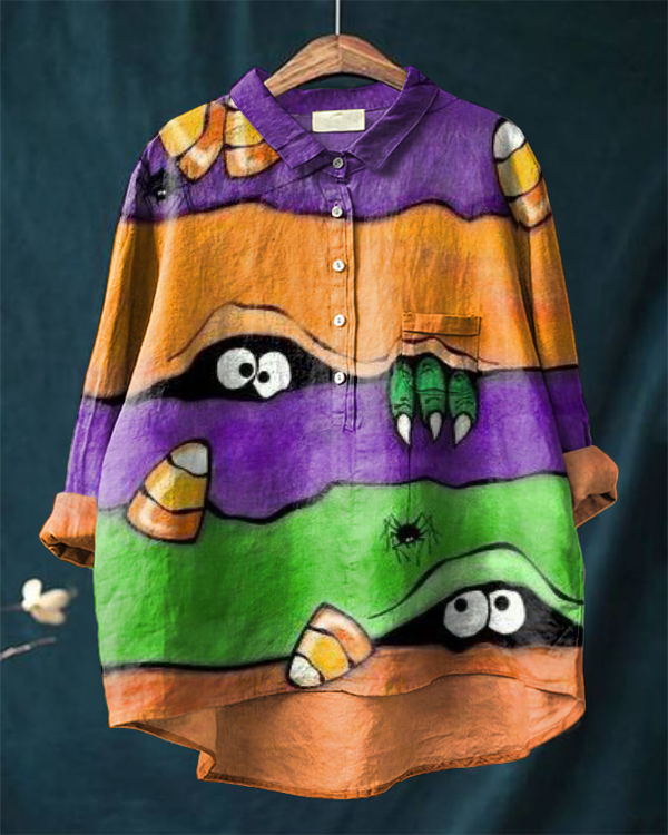 Fashion Halloween Monster Print Casual Cotton and Linen Shirt