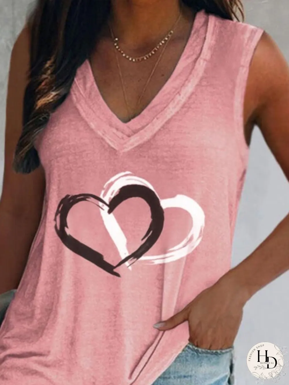 Casual Heart Sleeveless V Neck Plus Size Printed Tank Tops Top Vests