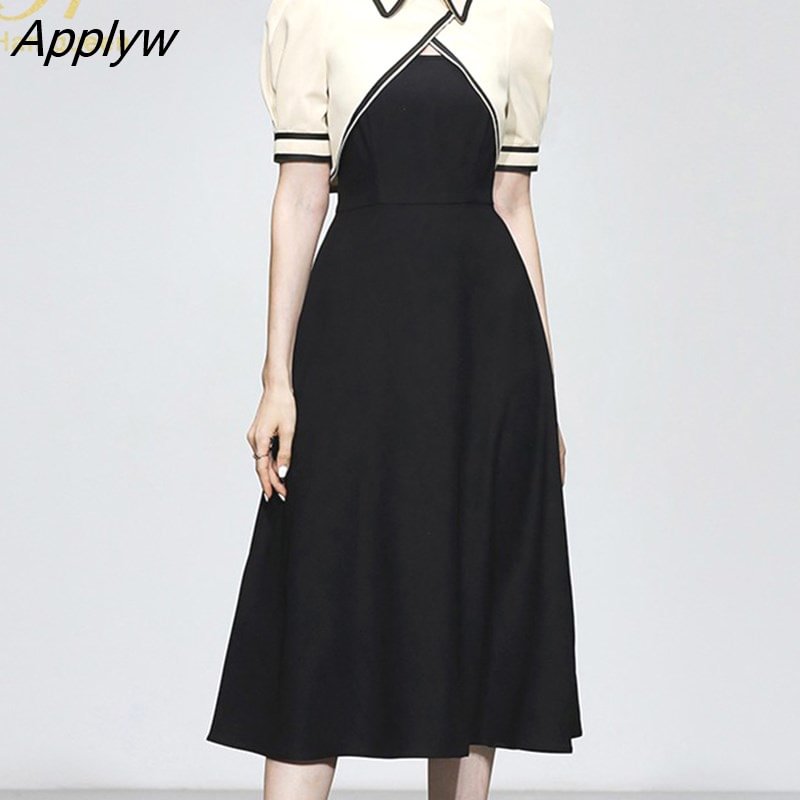 Applyw Han Queen 2022 New Summer Dresses Korean Retro 2 Pieces Color Matching Vestidos Fashion Slim A-Line Party Casual Office Dress