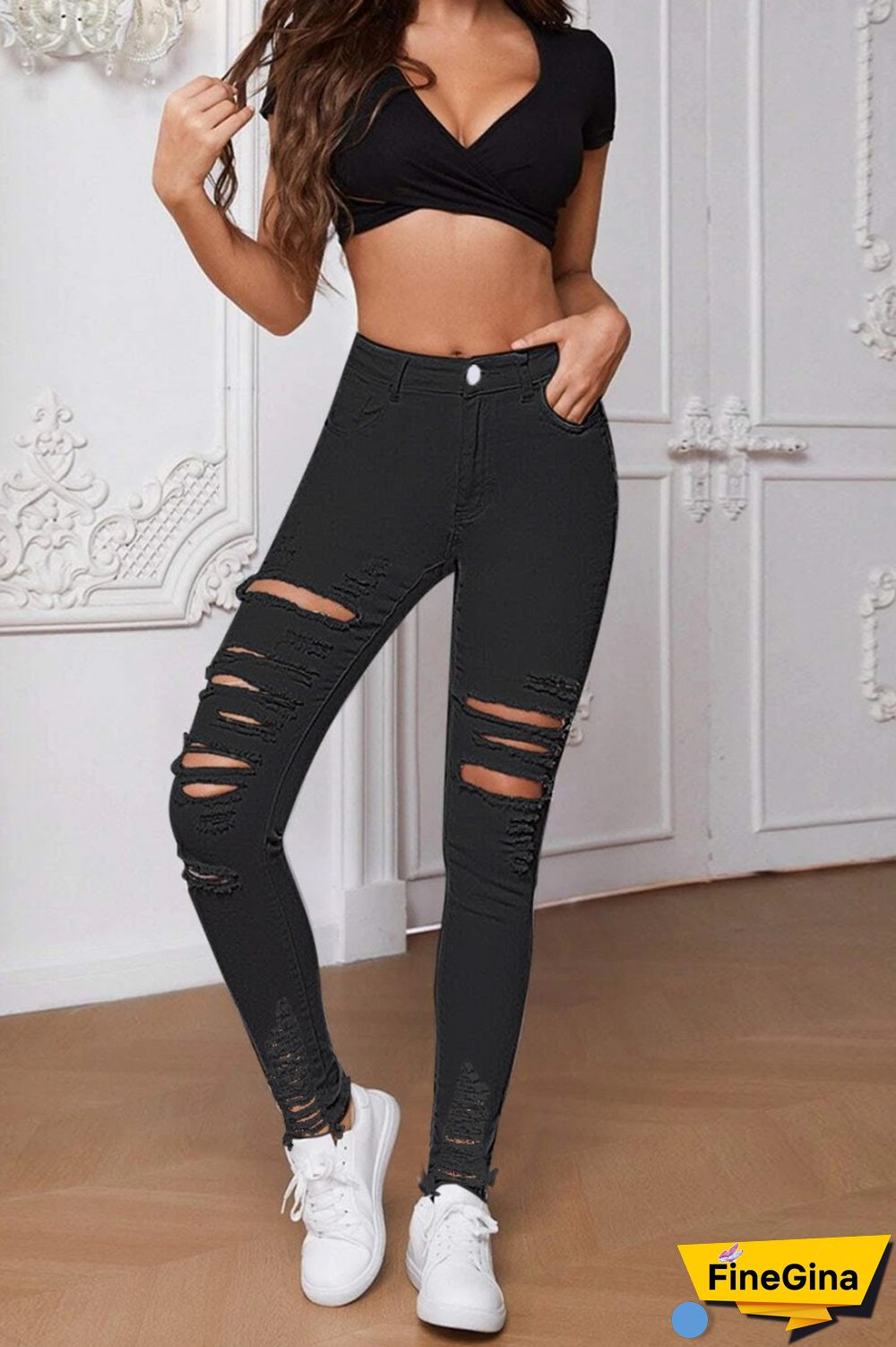 White Casual Solid Ripped Patchwork High Waist Skinny Denim Jeans