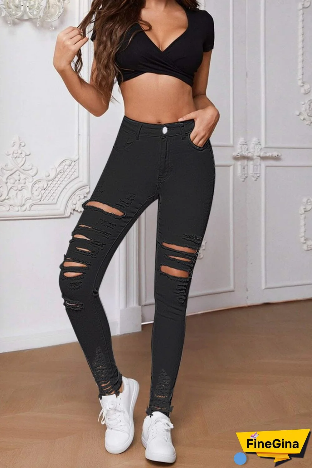 White Casual Solid Ripped Patchwork High Waist Skinny Denim Jeans