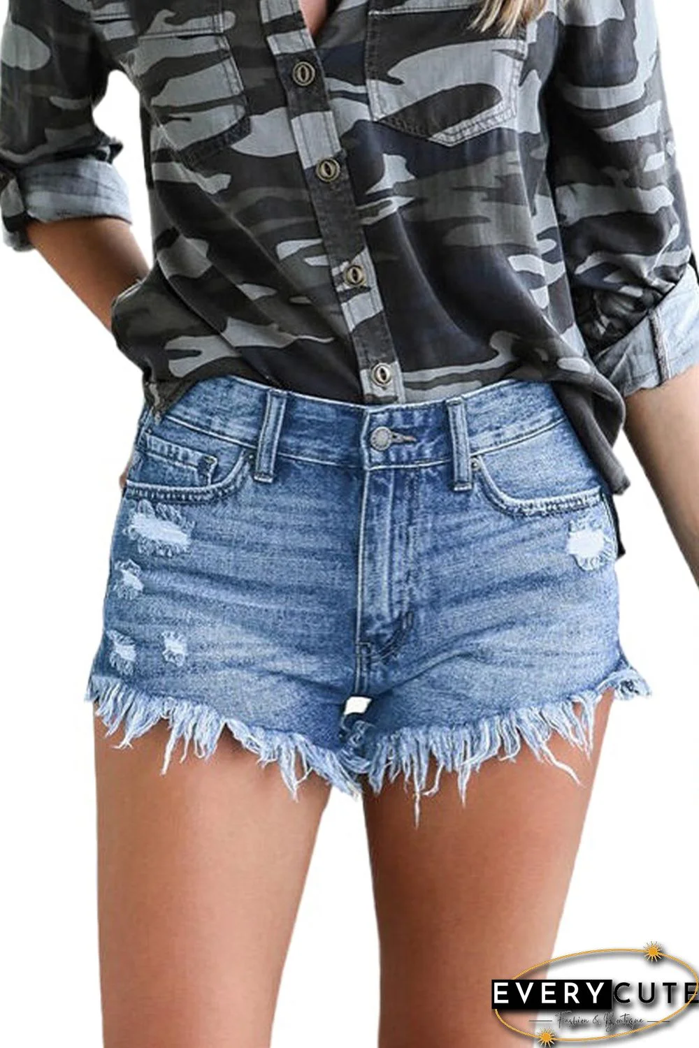 Blue Raw Hem Distressed Washed Denim Shorts