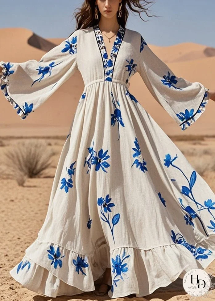 Organic White Print Exra Large Hem Cotton Long Dress Fall