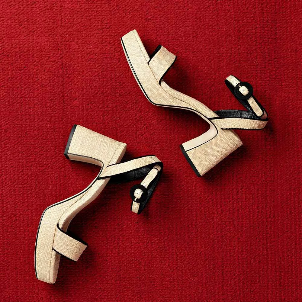 Beige Raffia Ankle Strap Block Heel Platform Sandals with Buckle