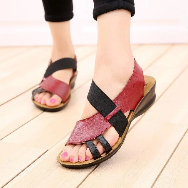 Women Slip-On Leather Sandals Peep Toe Soft Slippers Flat Shoes