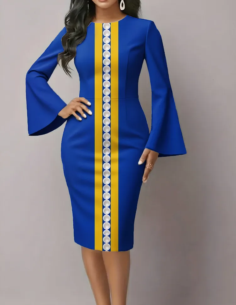 Women's Fashion Blue and Yellow Sisterhood Art Print Flared Sleeves Midi Bodycon Dresses