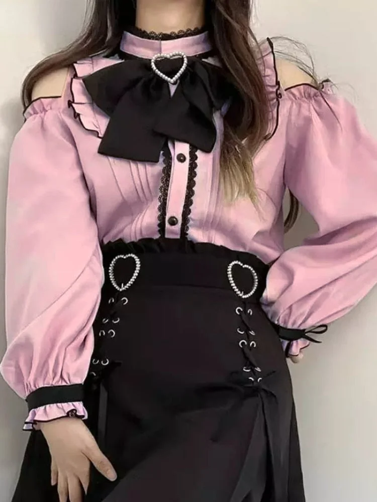 Sonicelife 2023 Autumn New Fall Outfits Victorian Blouse Fashion Kawaii Lolita Off-the-shoulder Long Sleeve Tops Vintage Shirt Chic and Elegant Women's Clothing