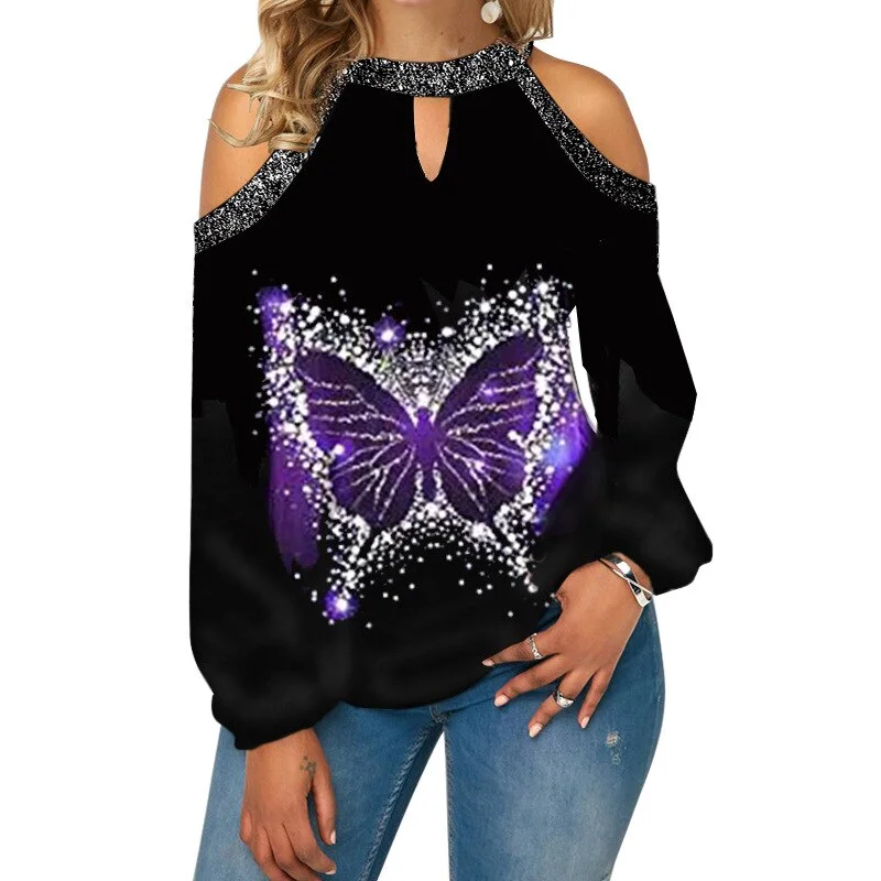 T shirt women 2023 new printing summer t-shirt hit hanging silver dew shoulder neck buttons tshirt Casual ZC294