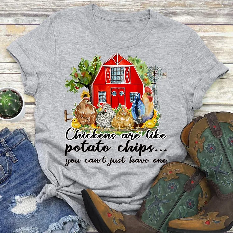 Chickens Are Like Potato Chips Round Neck T-shirt-0024980