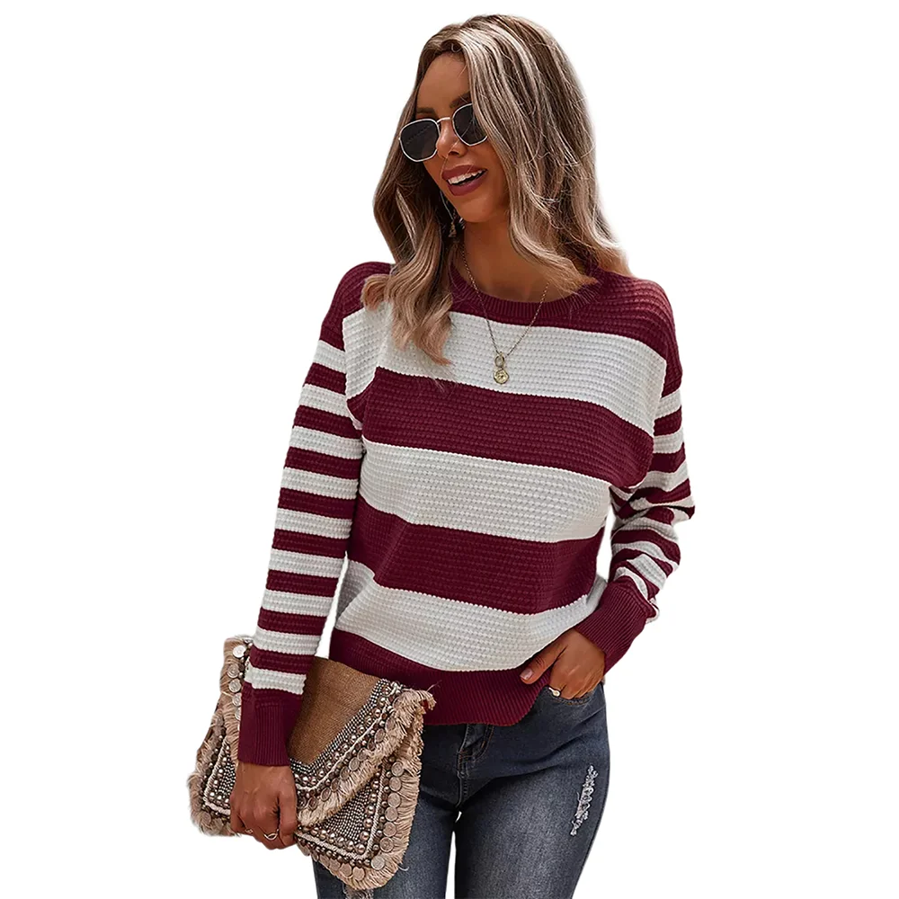 Wine Red Stripe Print Long Sleeve Sweater