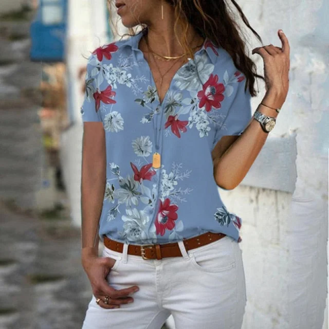 Print V-Neck Chiffon Blouse Tops Blouses