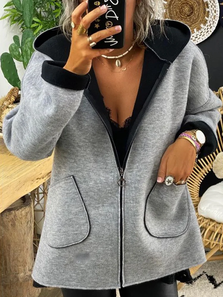 Gray Hoodie Plain Long Sleeve Knit Coat