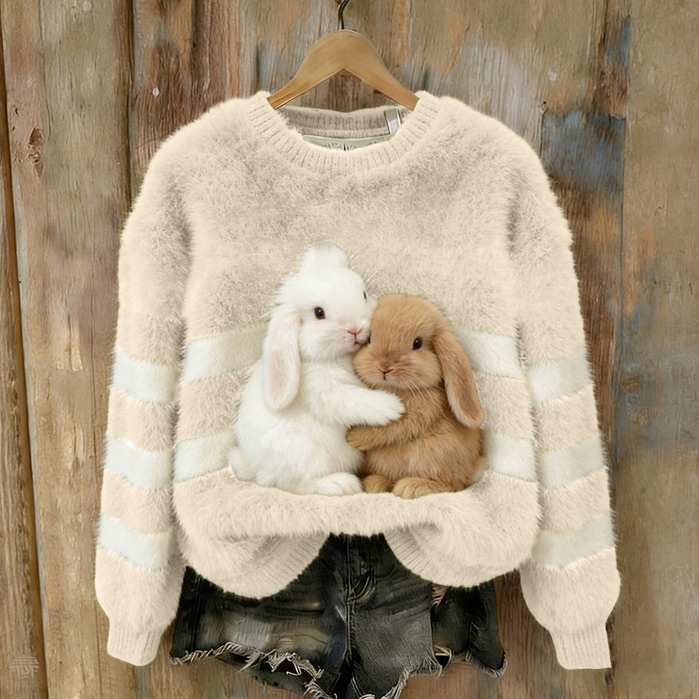 Hug Together Rabbit Plush Round Neck Hoodie wearshes