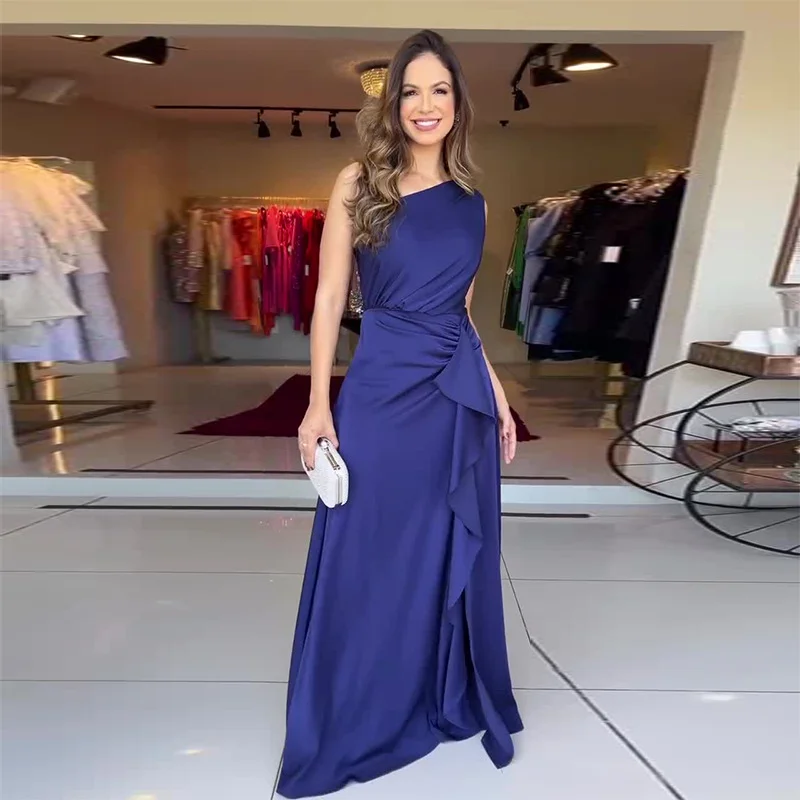 Toloer Toloer Summer New Solid Color Fashion Inclined Collar Waist Slim Temperament Elegant Dress-Outfit Ideas