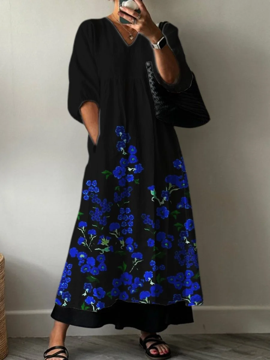 Women's Blue Lace Print Pocket V-neck Cotton Dress