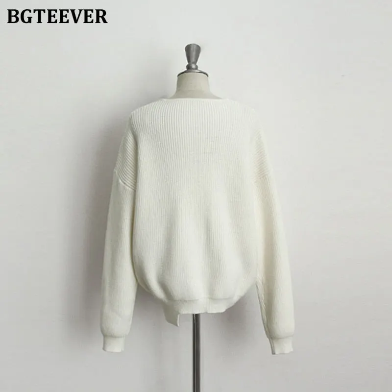 BGTEEVER Casual V-neck Long Sleeve Loose Women Pullover Sweaters 2020 Autumn Winter Chic Irregular Hem Female Knitting Jumpers