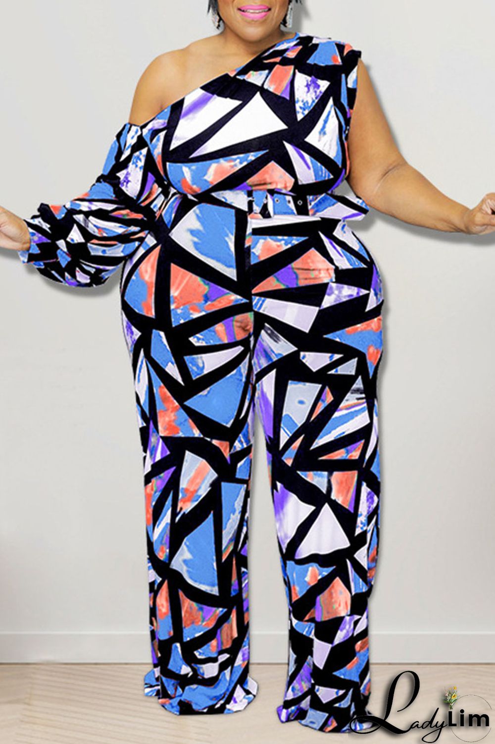 Blue Casual Print Split Joint Oblique Collar Plus Size Jumpsuits