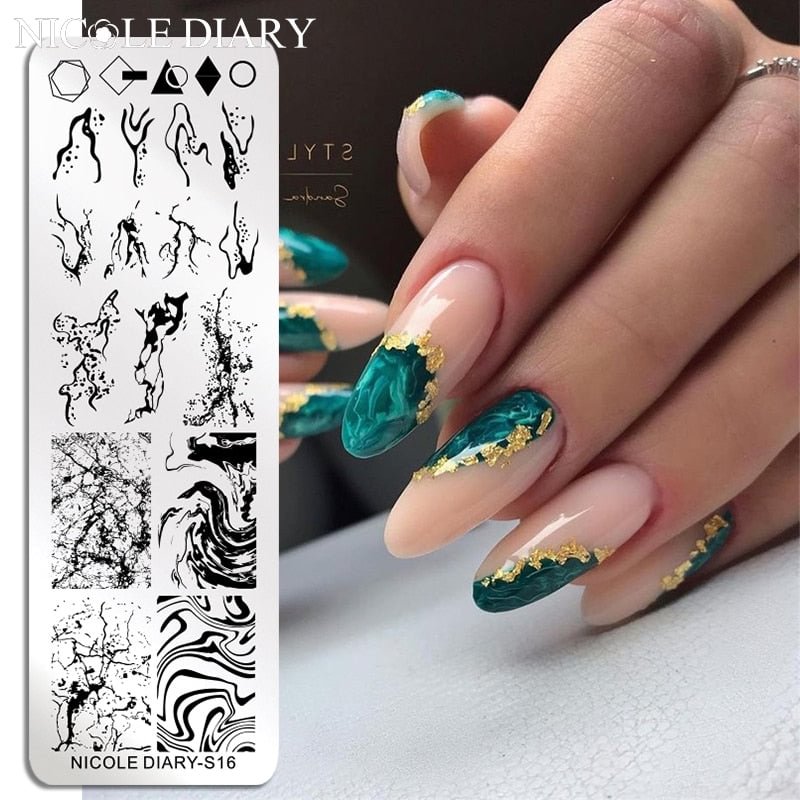 NICOLE DIARY Marble Blooming Stamping Plates Artistics Stamping for Nails Nail Polish Templates Coconut Tree Stencil for Stampi