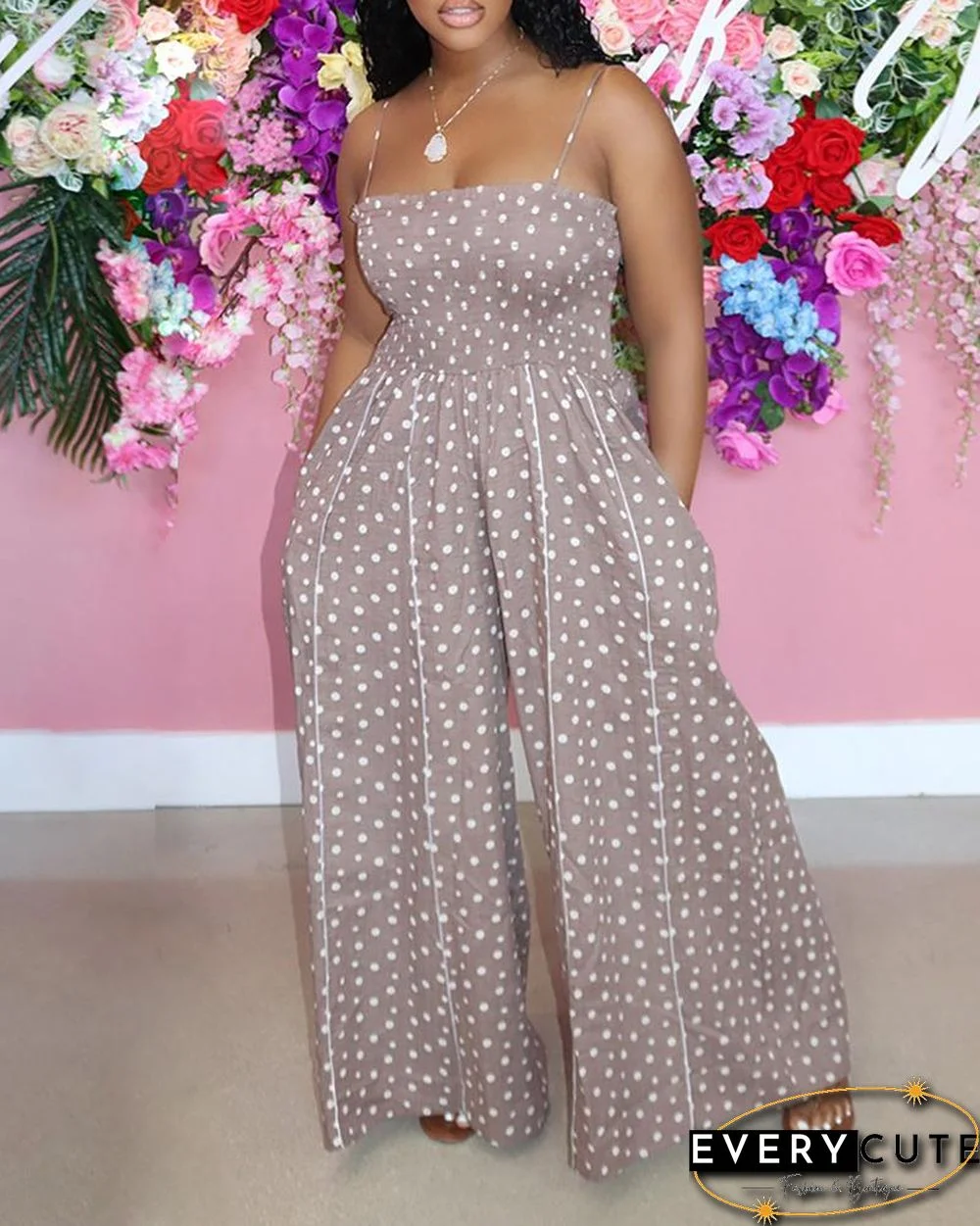 Polkadot Print Pocket Design Wide Leg Jumpsuit