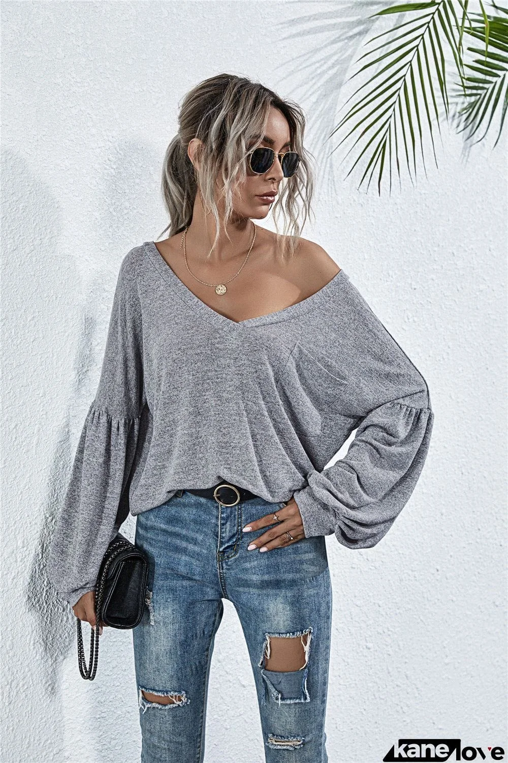 V-Neck Long Sleeve Dropped Shoulder Knit Top