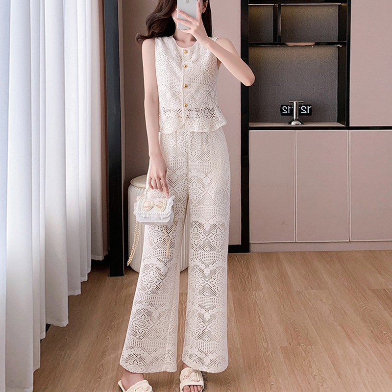 超人気 透かし彫り レース 宴会 デート トップス+パンツ ２点セットアップ