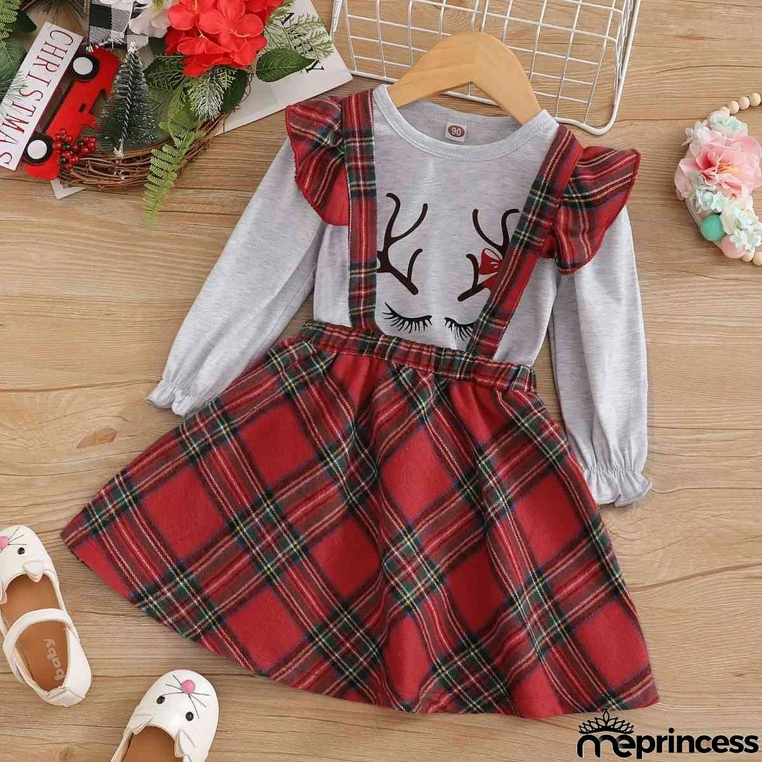 Graphic Top and Plaid Overall Skirt Set