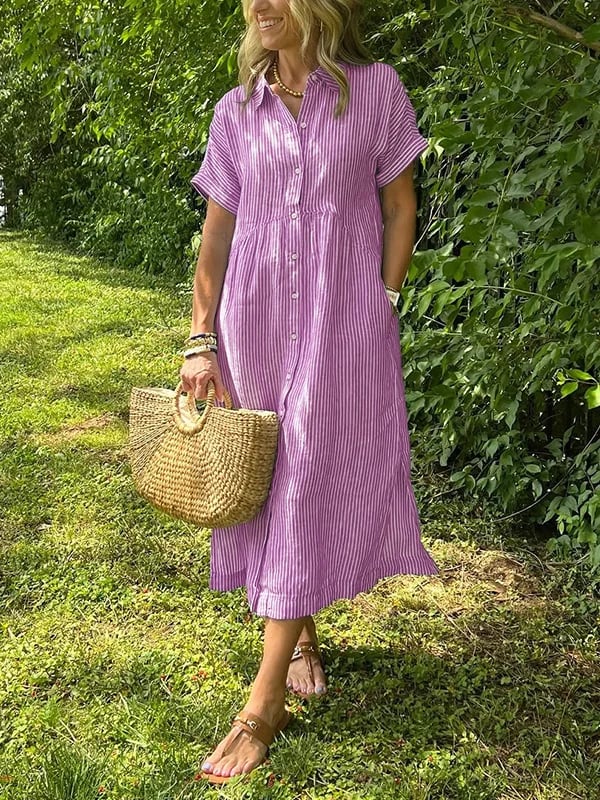 Vestido camiseiro às riscas com lapela e botões | Com bolsos práticos