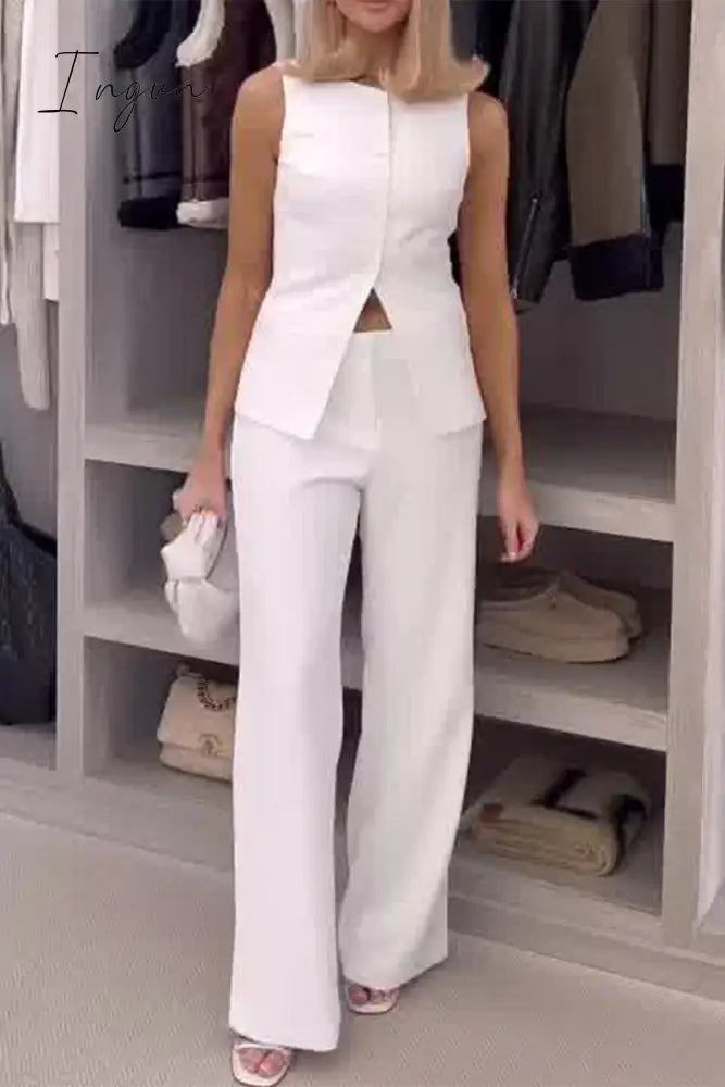 Elegant Simplicity Solid Slit O Neck Sleeveless Two Pieces White / S Pieces/Two-Piece Pants Set